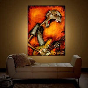 May include: Abstract painting of a person playing a guitar. The person is depicted in a cartoon style with a bright orange background. The painting is signed "Guijarro" in the bottom right corner.