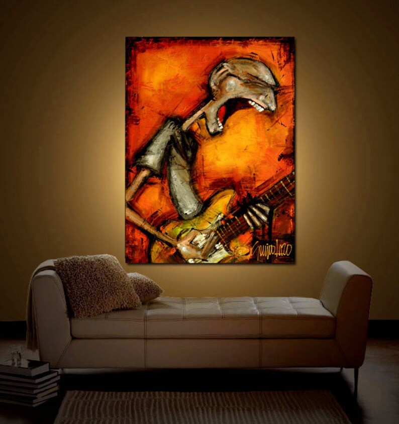 May include: Abstract painting of a person playing a guitar. The person is depicted in a cartoon style with a bright orange background. The painting is signed "Guijarro" in the bottom right corner.