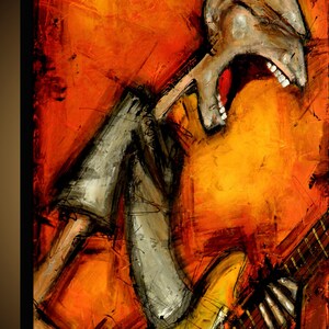 May include: Abstract painting of a person playing a guitar. The person is depicted in a stylized, almost cartoonish way, with a large head and exaggerated features. The guitar is also stylized, with a bright yellow body and black strings. The background is a vibrant orange and yellow.