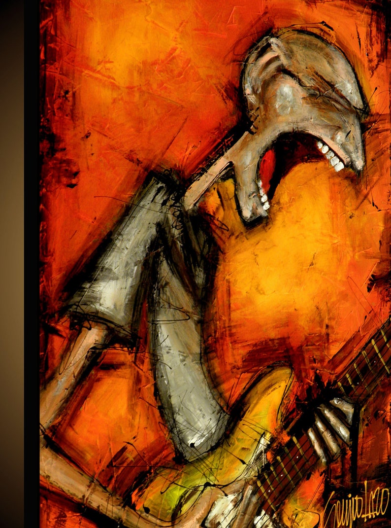 May include: Abstract painting of a person playing a guitar. The person is depicted in a stylized, almost cartoonish way, with a large head and exaggerated features. The guitar is also stylized, with a bright yellow body and black strings. The background is a vibrant orange and yellow.
