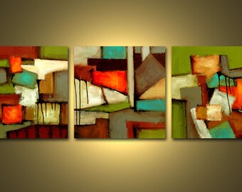 May include: Abstract art triptych painting with geometric shapes in shades of brown, green, red, white, and blue.