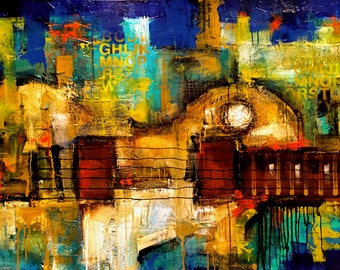 May include: Abstract painting with a guitar theme. The artwork features a vibrant mix of colors, including blues, yellows, and browns. The guitar shape is central, with strings and a fretboard. The painting has a textured, layered appearance, with areas of dripping paint.
