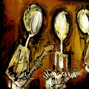 May include: Abstract painting of three figures playing guitars. The figures are painted in shades of white, black, and brown against a background of orange, brown, and yellow.