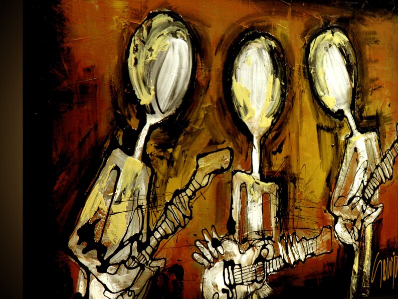 May include: Abstract painting of three figures playing guitars. The figures are painted in shades of white, black, and brown against a background of orange, brown, and yellow.