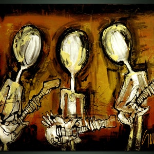 May include: Abstract painting of three figures playing guitars. The figures are stylised and have large heads and small bodies. The painting is done in a palette of browns, yellows, and whites.