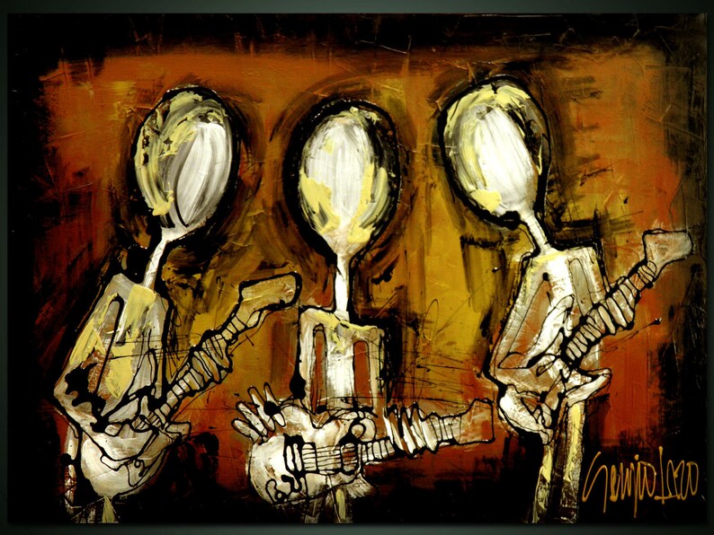 May include: Abstract painting of three figures playing guitars. The figures are stylised and have large heads and small bodies. The painting is done in a palette of browns, yellows, and whites.