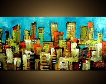 Original Abstract Cityscape Acrylic Painting on Canvas (24x48)