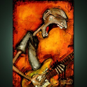 May include: A painting of a person playing a guitar. The person is depicted in a stylized, almost cartoonish way, with exaggerated features and a bright orange background. The guitar is a solid body electric guitar with a yellow body and a brown neck. The artist's signature is visible in the bottom right corner.