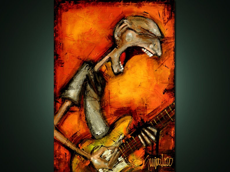May include: A painting of a person playing a guitar. The person is depicted in a stylized, almost cartoonish way, with exaggerated features and a bright orange background. The guitar is a solid body electric guitar with a yellow body and a brown neck. The artist's signature is visible in the bottom right corner.