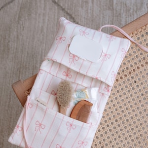 Baby Diaper Clutch - Pink Ribbon, Toiletry Bag, Small Diaper Bag, Organizing Pouch, Nappy Wallet, Baby Shower Gift, Wet Wipes Bag