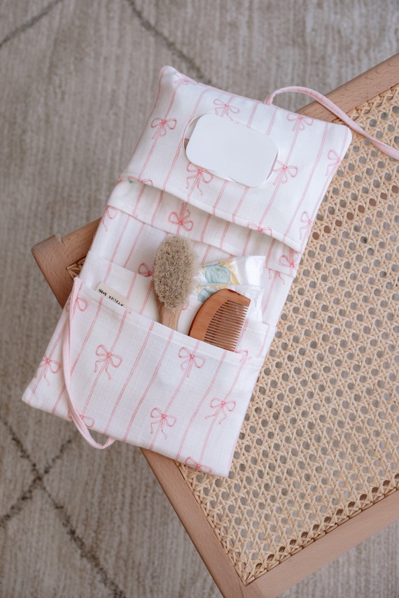 Baby Diaper Clutch - Pink Ribbon, Toiletry Bag, Small Diaper Bag, Organizing Pouch, Nappy Wallet, Baby Shower Gift, Wet Wipes Bag