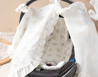 Beige Ribbon Collection Baby Car Seat Canopy and Cushion Set, Baby Car Seat Cover, Baby Girl, Beige Stroller Cover,Cushion Pillow