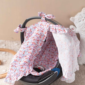 Baby Car Seat Canopy and Cushion Set - Red Little Blossom Collection, Baby Car Seat Cover, Baby Girl,Red Stroller Cover,Cushion Pillow