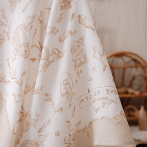 Baby Muslin Swaddle Blanket – Beige Toile de Jouy | Soft Organic Cotton | Baby Swaddle | Newborn Gift | Baby Shower Gift Blanket