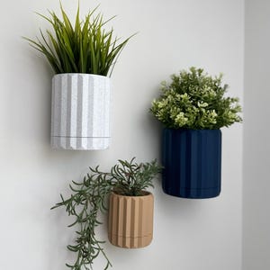 May include: Three contemporary, cylindrical wall planters in white, navy blue, and tan, each with a ribbed design. The planters hold green plants, creating a minimalist, decorative display. The planters are mounted on a white wall.