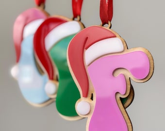 Personalised Initial Christmas Ornament, Santa Hat Letter Bauble, Layered Wood and Acrylic Tree Decoration, Kids Stocking Filler, Gift