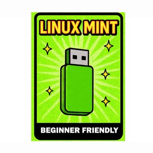 Puede incluir: Ilustración de una unidad USB verde sobre un fondo verde con las palabras "LINUX MINT" en amarillo y negro, y "BEGINNER FRIENDLY" en blanco. El diseño incluye cuatro estrellas amarillas.