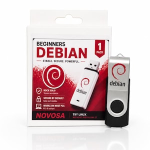 May include: A white cardboard retail box labeled BEGINNERS DEBIAN with red text and graphics, featuring a white USB flash drive with the Debian logo. Beside the box stands a black and silver swivel-style USB flash drive with the Debian logo printed on it.