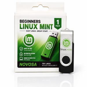 May include: A Linux Mint USB flash drive in a white retail box. The box features green and white branding with the text BEGINNERS LINUX MINT, EASY LINUX. GREAT START., SAFE TO TRY, NO INSTALLATION, WORKS ON MOST PCS, NOVOSA, and TRY LINUX WITHOUT INSTALLING IT.