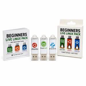 Könnte beinhalten: Ein Beginners Live Linux Pack bestehend aus drei USB-Sticks mit Ubuntu, Linux Mint und Zorin OS Branding, einer gedruckten Kurzanleitung und einer weißen Kartonverpackung mit dem Text Beginners Live Linux Pack.
