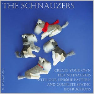 Puede incluir: Cuatro mini schnauzers de fieltro gris con accesorios rojos y grises sobre un fondo azul. El texto "THE SCHNAUZERS" está en la parte superior de la imagen. El texto "CREATE YOUR OWN FELT SCHNAUZERS WITH OUR UNIQUE PATTERN AND COMPLETE SEWING INSTRUCTIONS" está en la parte inferior de la imagen.