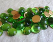 13mm Peridot Green Gold Foiled Flat Back Round Smooth Top Vintage Glass Cabs, Some Cloudiness in Foil 12PCS