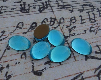 18x13mm Aqua Blue Czech Gold Foiled Flat Back Oval Vintage Glass Cabs 6PCS