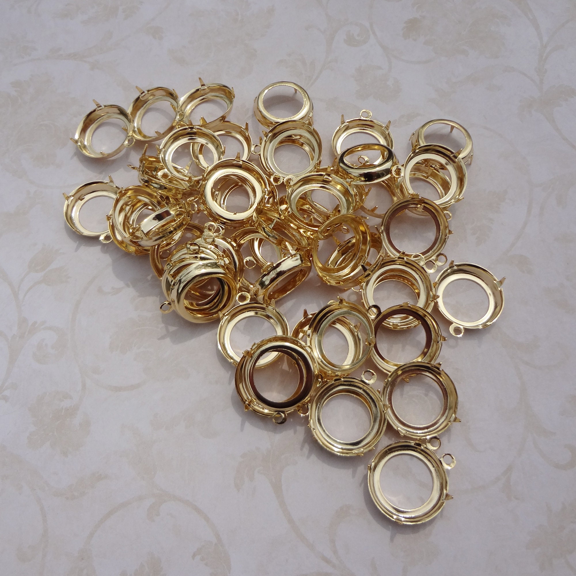 18mm/75ss Gold Plated 1 Ring Open Back Round Low Wall Rhinestone Prong ...