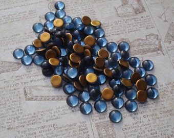 9mm Montana Blue Gold Foiled Czech Flat Back Round Glass Cabs * DIY Jewelry Making * 12PCS