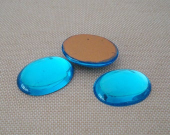 25x18mm Aqua Blue Vintage Gold Foiled Flat Back Oval Glass Cabs 2pcs