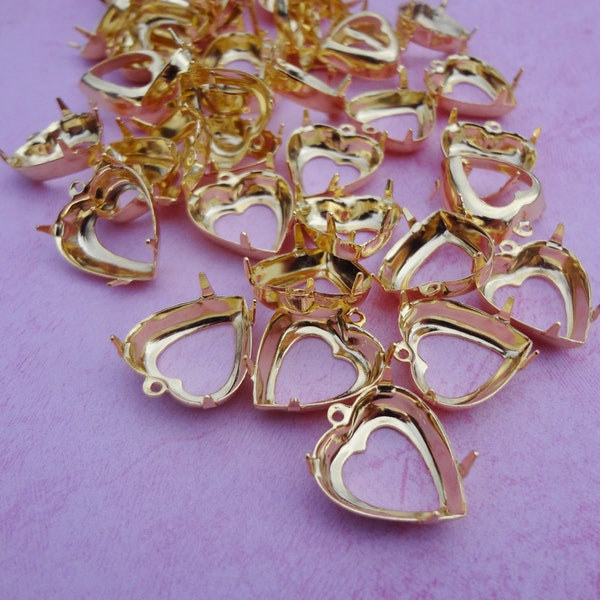 15mm Gold Plated Heart 1 Ring Open Back Rhinestone Prong Settings for Pointed or Flat Back Cabs 12PCS