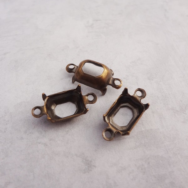 8x6mm Antiqued Brass 2 Ring Open Back Octagon Rhinestone Prong Connector Settings for Pointed or Flat Back Cabs 12PCS