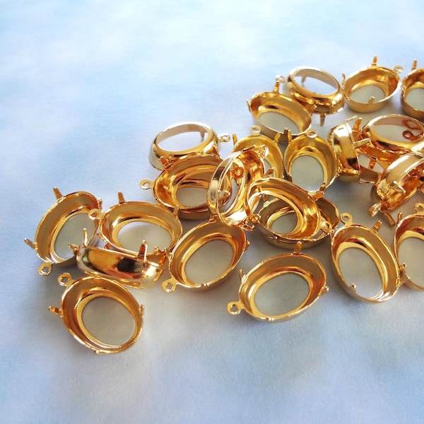 16x11mm Oval Gold Plated 1 Ring Open Back Rhinestone Prong Settings for Pointed or Flat Back Cabs 12PCS