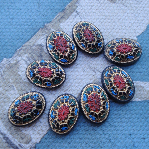 Vintage 14x10mm Jet Black Oval Flat Back Multi Colored Mosiac Cabs or Stones (4 pieces)