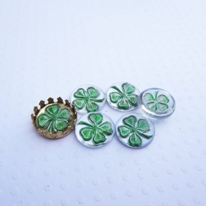 13mm Green & Clear 4 Leaf Clover Shamrock Vintage Reversed Painted Intaglio Flat Back Glass Cameo Pendant Cabs 6PCS