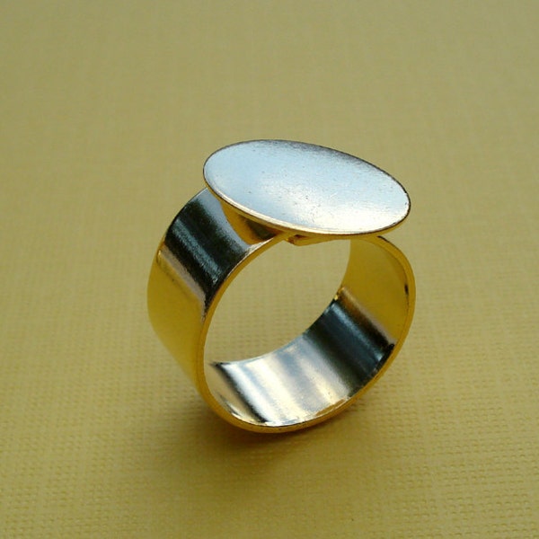 16mm Gold Plated Adjustable Finger Ring 10mm Plain Band & Round Base Setting for Flat Back Cabs 1PC