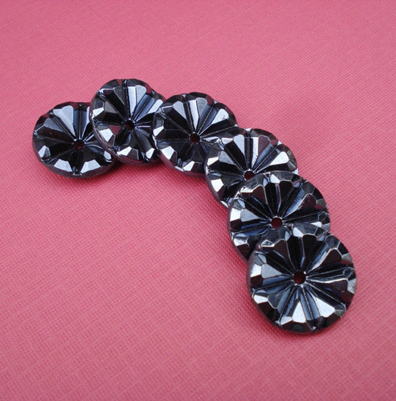 22mm Hematite Black Back Vintage Faceted Flower Shaped Glass Sew On Buttons 6pcs image 3