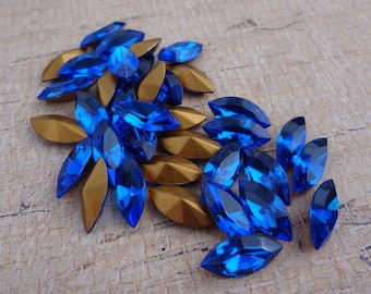 15x7mm Capri Blue Gold Foiled Pointed Back Glass Navette Rhinestone Cabs * DIY Jewelry Making * Stone Replacement Cabs * 12PCS