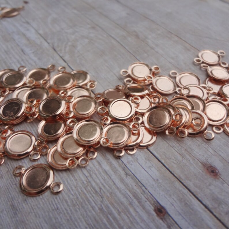 5mm Rose Gold 2 Ring Hollowed Back Round Frame Connector Pendant Settings with Recessed Area for 5mm Flat Back Cabs 12pcs