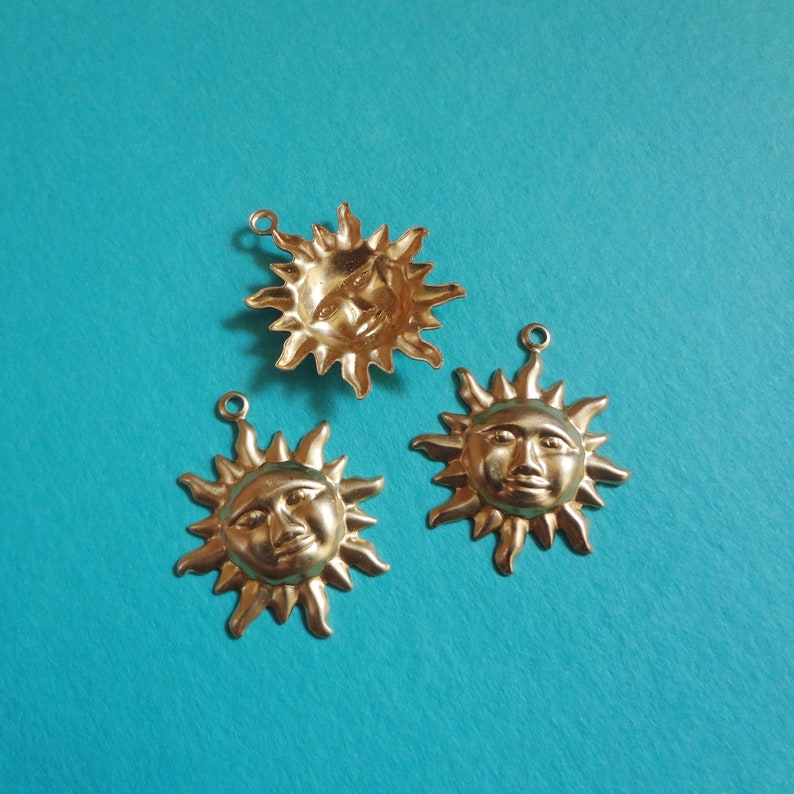 20mm Brass Sun Charm 1 Ring Hollowed Back Whimsical Sun Pendant Stampings 12PCS image 6