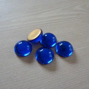15mm Sapphire Blue Gold Foiled Flat Back Round Vintage Czech Glass Cabs 6PCS