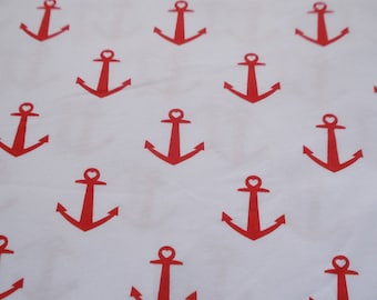 2 Yards Nautical Red Anchors on White Cotton Jersey Knit Fabric 56" Width 2 Yard Piece FREE SHIPPING!