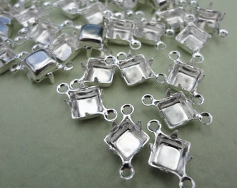 Conector cuadrado de 6 mm de latón chapado en plata con 2 anillos y parte posterior cerrada, configuración de puntas para cabinas con parte posterior plana o puntiaguda, 12 piezas