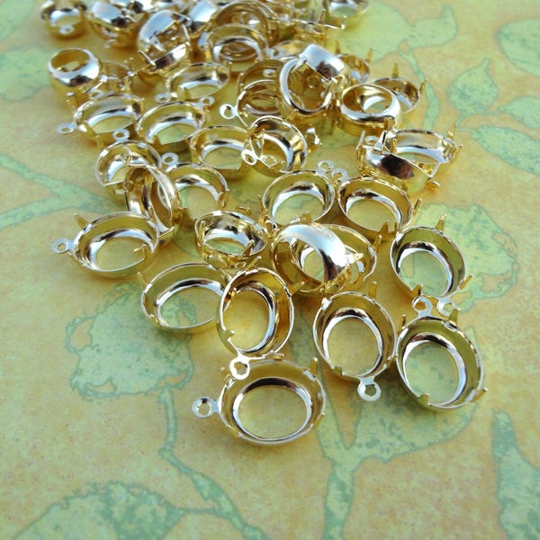 12x10mm Gold Plated 1 Ring Open Back Oval Rhinestone Prong Settings for Pointed or Flat Back Cabs 12PCS