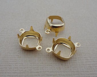 10mm Gold Plated Square Cushion 2 Ring Open Back Low Wall Rhinestone Prong Connector Settings for Slightly Pointed or Flat Back Cabs 12PCS