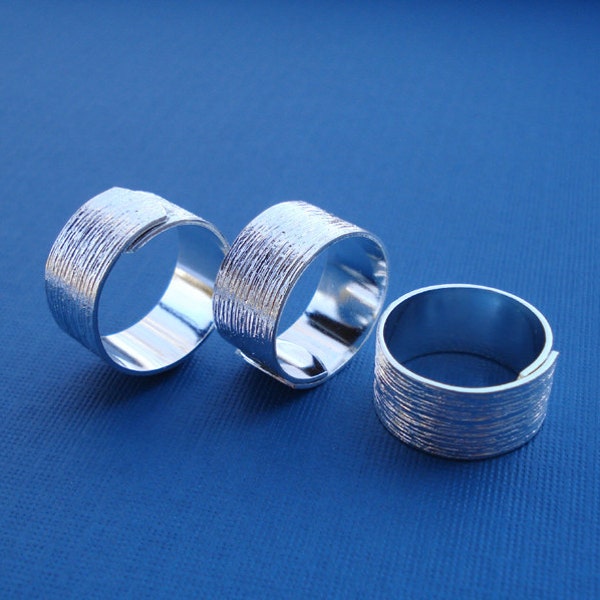 10mm Wide Brushed Sterling Silver Plated Brass Adjustable Finger Rings 3PCS