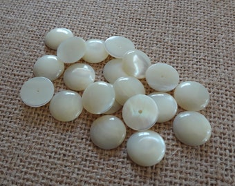 14mm Mother of Pearl * 1mm Hole Drilled in Back * Flat Back Smooth Top Round Shell Gemstone Cabs 10PCS