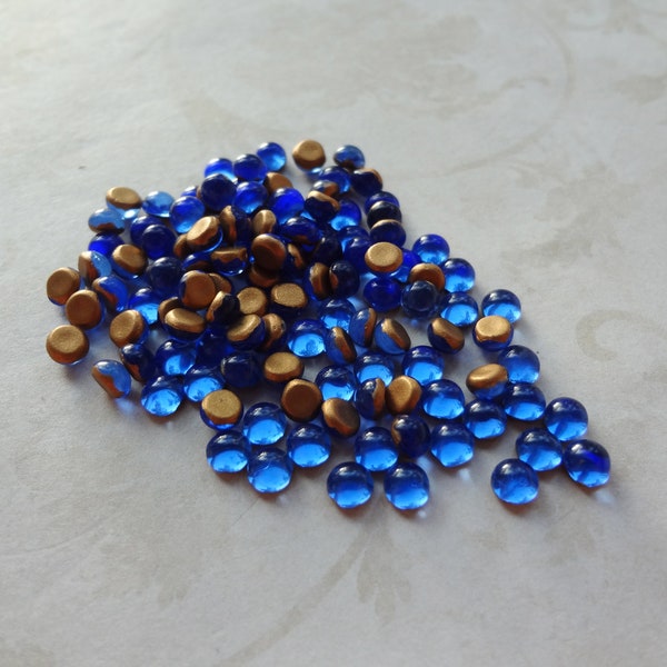 4mm Sapphire Blue Czech Gold Foiled Flat Back Round Glass Cabs * DIY Jewelry Making & Repair * 24PCS