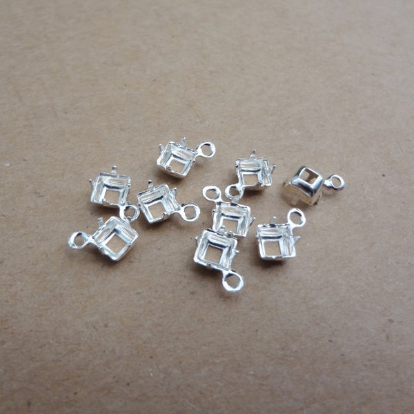 4mm Silver Plated Square 1 Ring Open Back Rhinestone Prong Settings for Pointed or Flat Back Cabs 12pcs