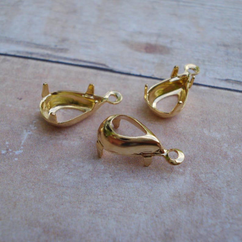 10 x 6mm Gold Plated Pear Teardrop 1 Ring Open Back Rhinestone Prong Settings 5pcs